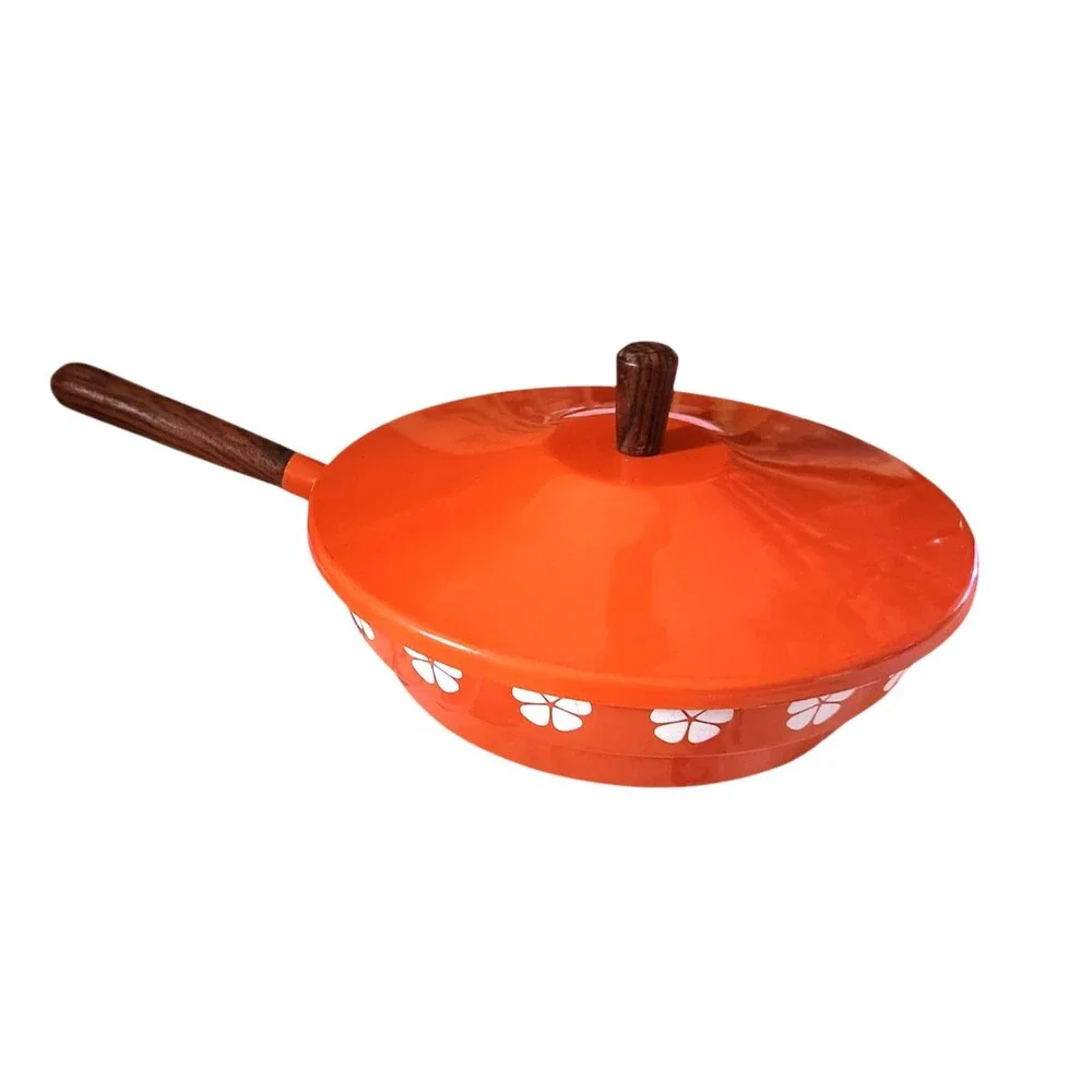 Vintage Enamel Pan and Lid Orange w/ White Flowers Wood Handles Made in Japan